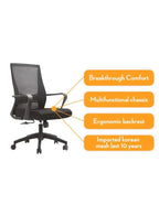 Black office chair with features highlighted on a white background