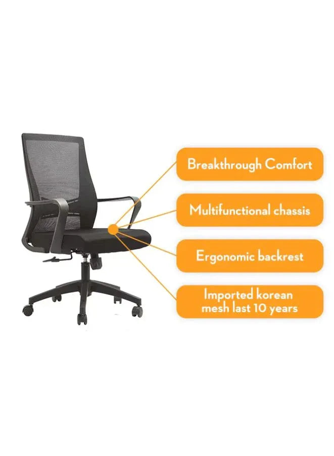 Black office chair with features highlighted on a white background