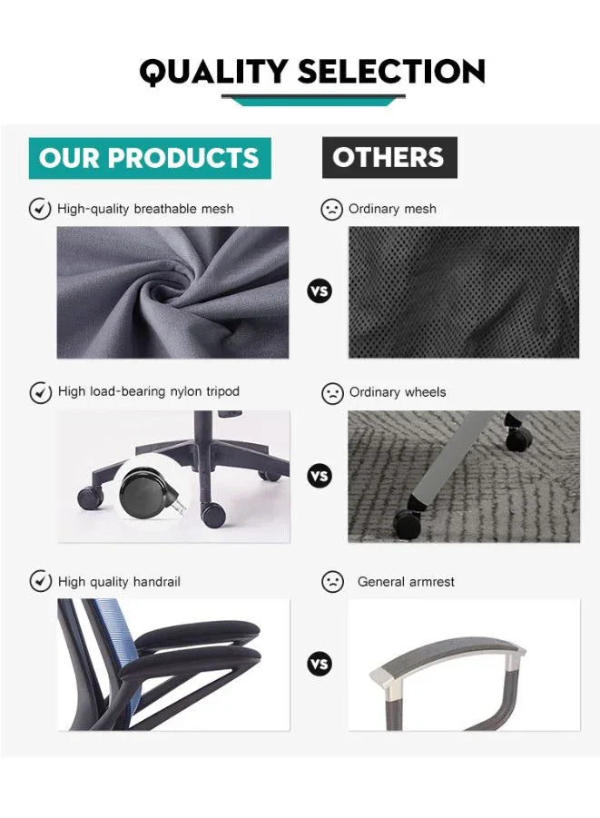 Modern Stylish Middle Back Mesh Office Chair in Blue with Black Frame, Adjustable Height and Tilt, Fiberglass PP Base, Grade 3 Gas Lift, Nylon Casters