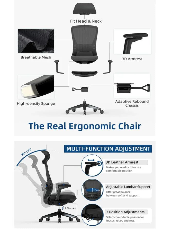 High Back Mesh Office Chair with Back Support and Fixed Headrest, Breathable Design for Long Use, Height Adjustable with Tilt and Lock, Grade 3 Gas Lift, Fiberglass Base