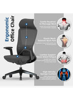 High Back Mesh Office Chair with Back Support and Fixed Headrest, Breathable Design for Long Use, Height Adjustable with Tilt and Lock, Grade 3 Gas Lift, Fiberglass Base