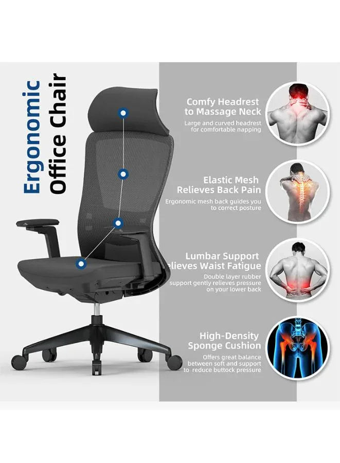 High Back Mesh Office Chair with Back Support and Fixed Headrest, Breathable Design for Long Use, Height Adjustable with Tilt and Lock, Grade 3 Gas Lift, Fiberglass Base