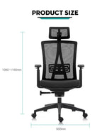 Black office chair with measurements on a white background