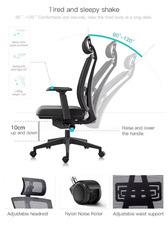 Ergonomic chair with features highlighted on a white background
