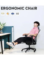 Person sitting on an ergonomic chair with certification logos above, in a minimalistic office setting.