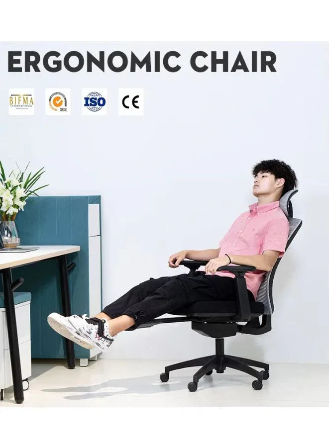 Person sitting on an ergonomic chair with certification logos above, in a minimalistic office setting.