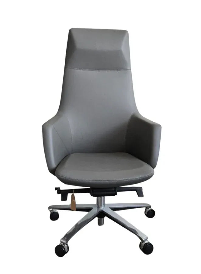 Gray office chair with a high backrest on a white background