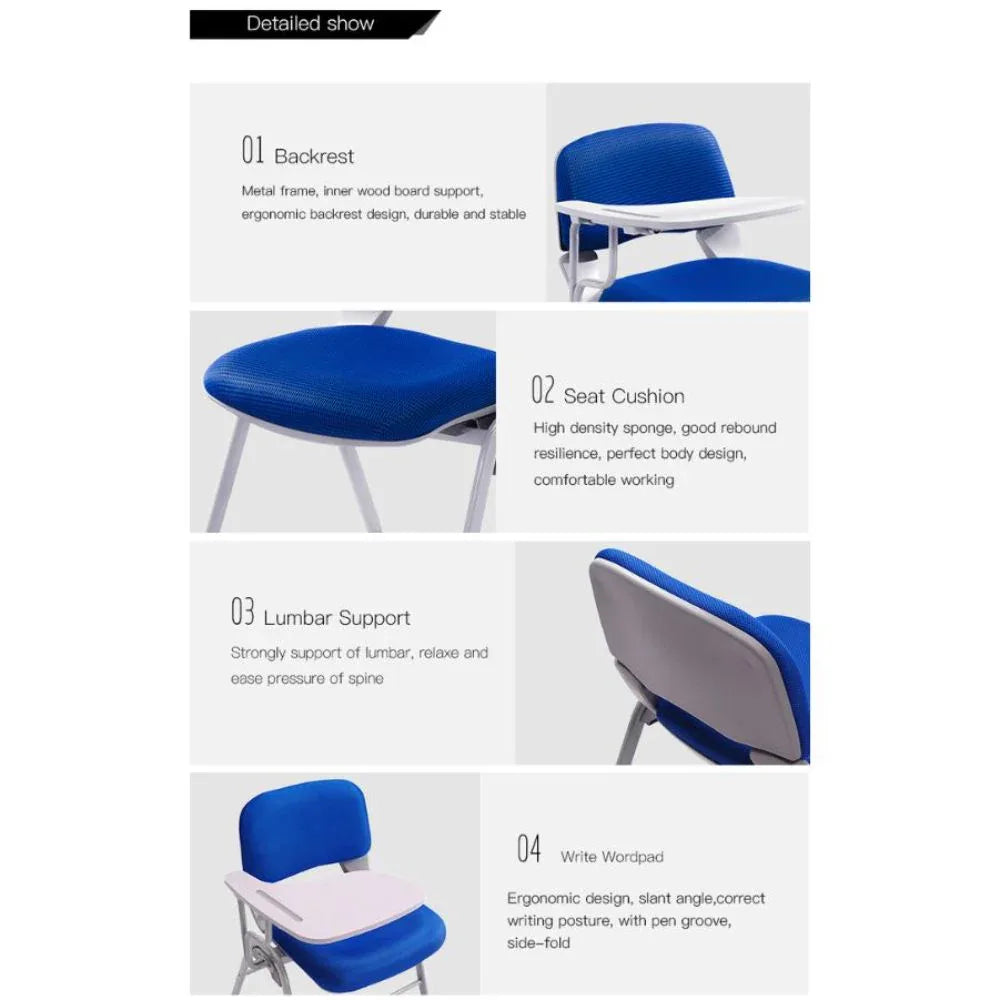 Training Chair With Writing Pad, Cusion Seat and Steel Legs for Office, Schools and Home, Blue