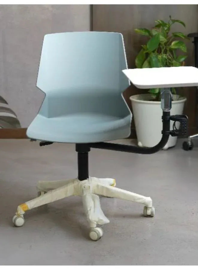 A blue training chair with an attached white ABS writing board and an independent cup holder, set on a white base with casters.