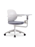 Grey training chair with white frame and writing pad and cup holder on a white background