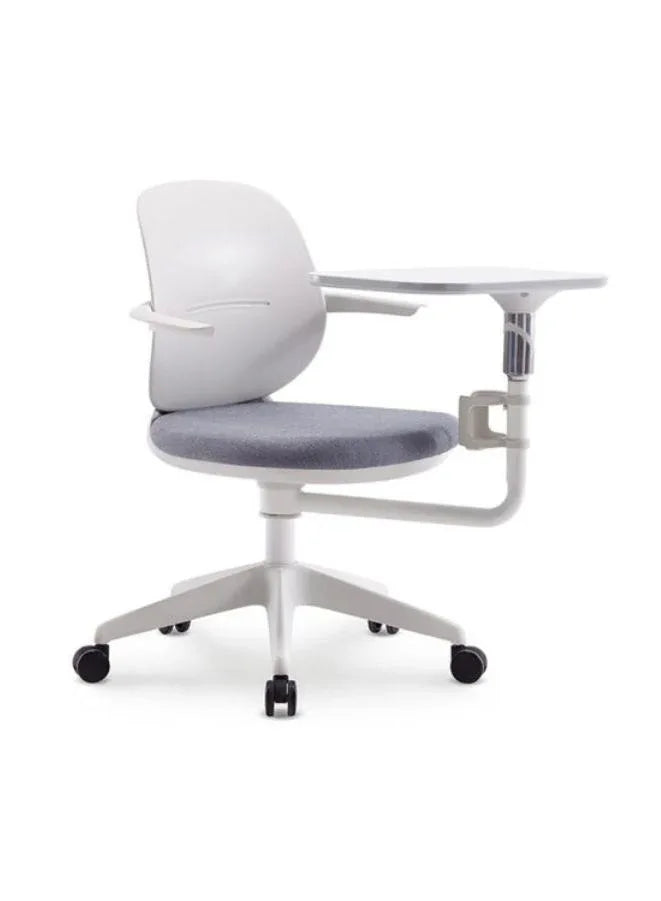 Grey training chair with white frame and writing pad and cup holder on a white background