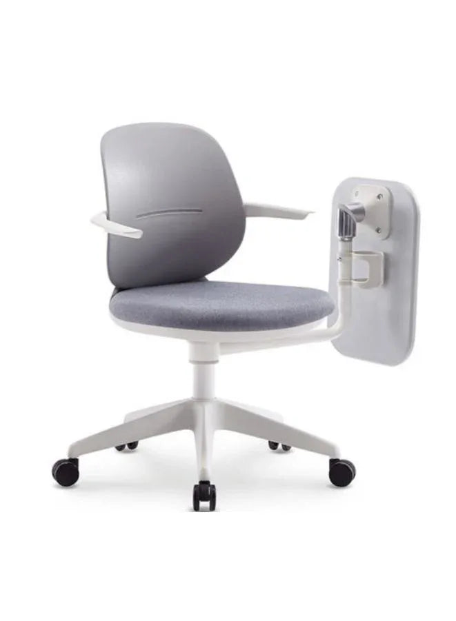 Grey training chair with attached writing pad on a white background