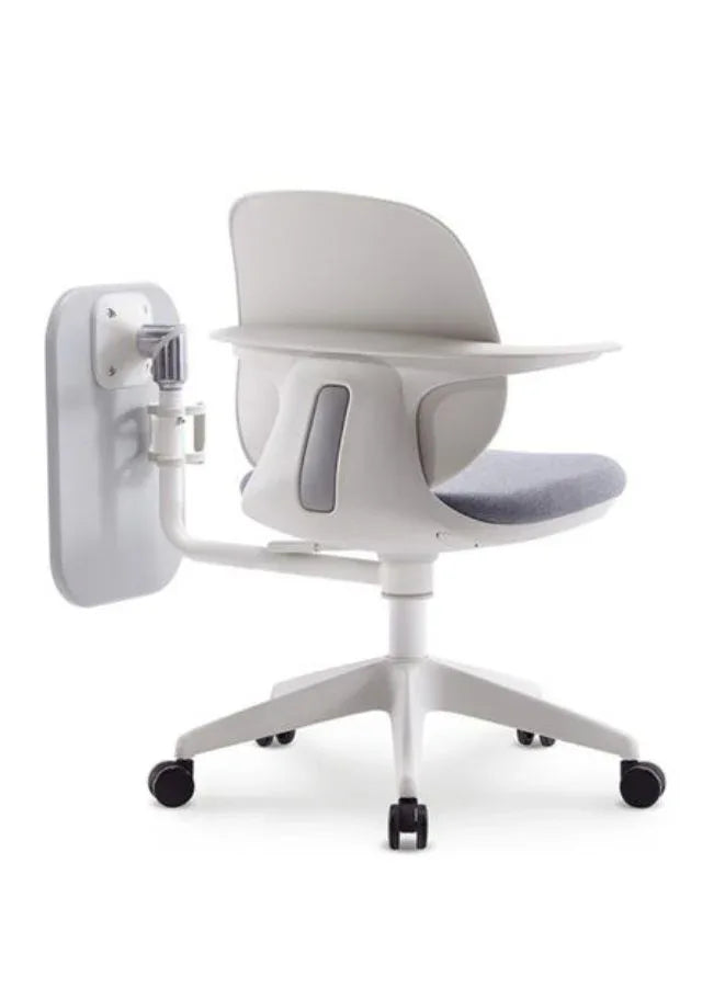 back view of a grey training chair with white writing pad