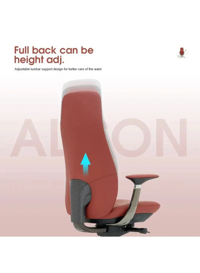 Red office chair with height adjustment feature on a light pink background