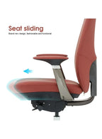 Red office chair with seat sliding feature on a white background