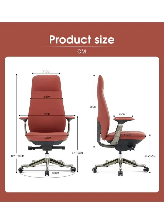Red office chair with dimensions labeled in centimeters on a white background
