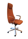A high-back orange PU leather executive office chair with adjustable armrests, lumbar support, and a five-star base, set against a white background.