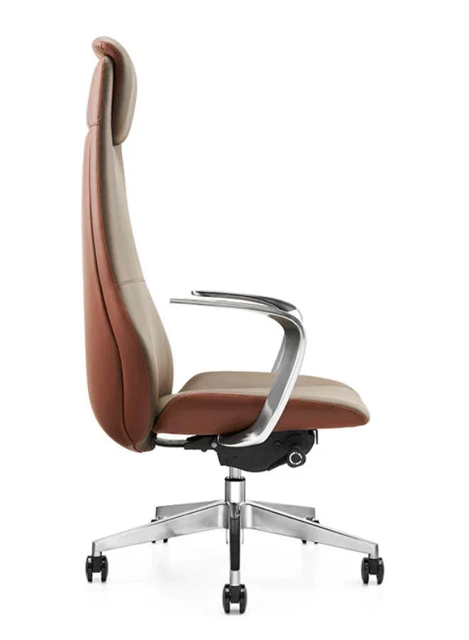 Modern office chair with brown leather seat and backrest on a white background