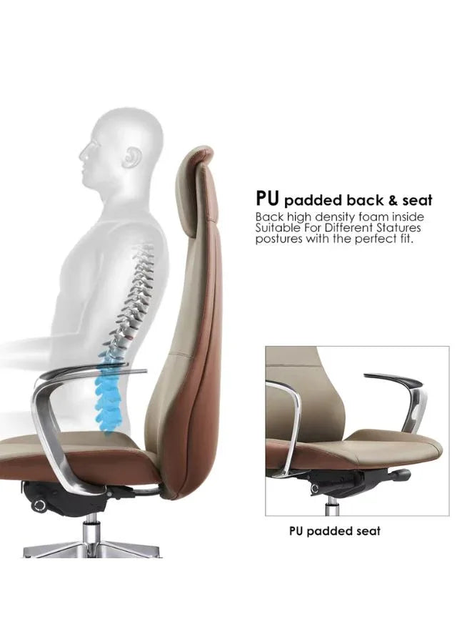 Ergonomic office chair with PU padded back and seat, highlighting spinal support.