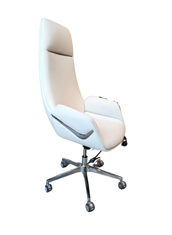 A white premium ergonomic leather office chair with an adjustable height, cushioned seat, and a five-pointed metal base with smooth-rolling casters.