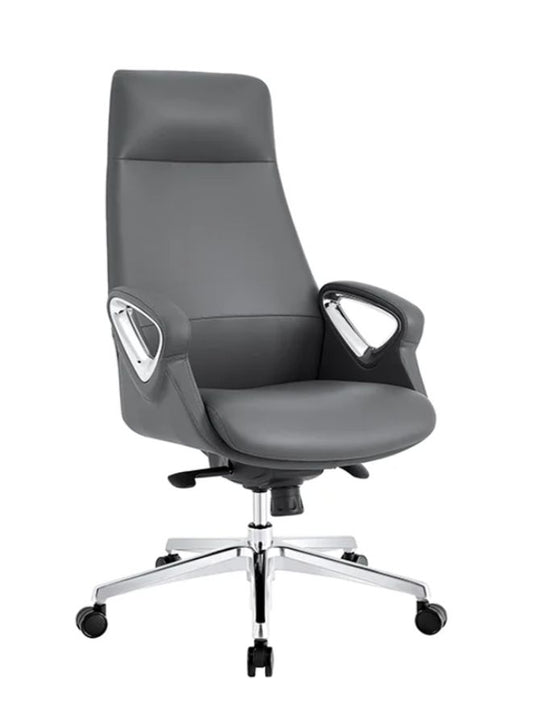 A black leather office chair with a metal base and wheels, featuring an ergonomic design with armrests and plush cushioning.