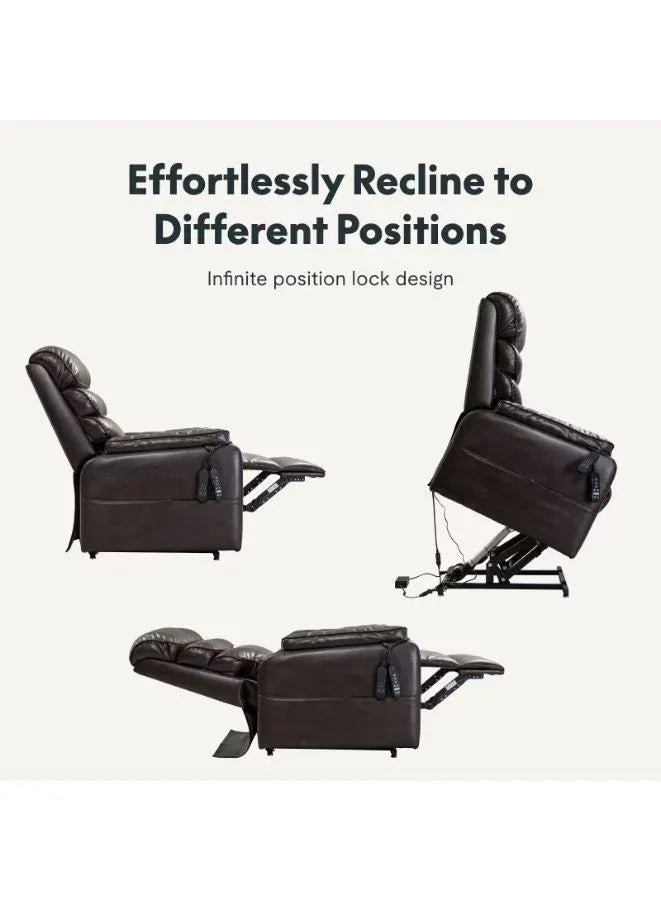 Brown recliner chair with text 'Effortlessly Recline to Different Positions' on a white background