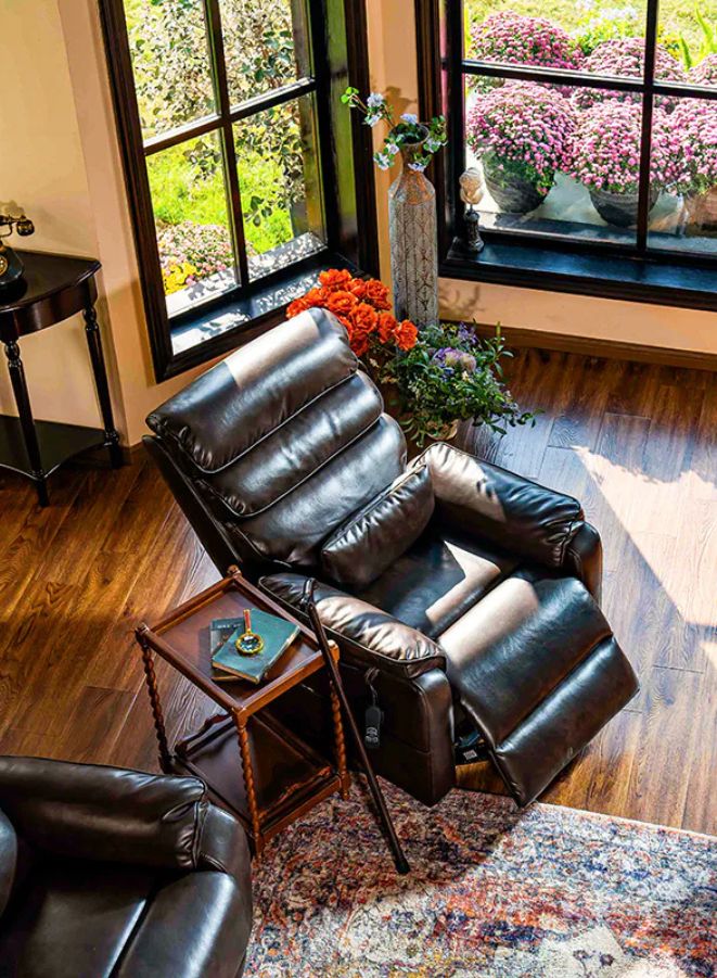 Leather recliner chair in a room with large windows and decorative elements.