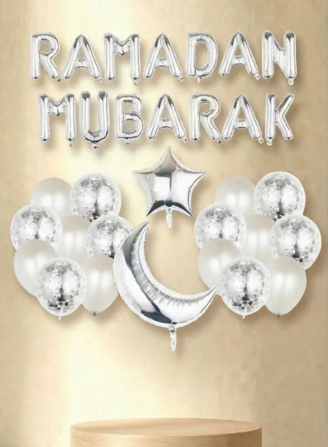 Ramadan Mubarak Balloon Set of 33 Pcs, Premium Quality Shiny Silver Balloons Set for Eid Decorations Ramadan Party Decoration