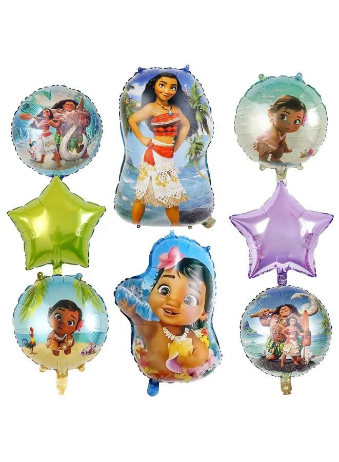 8-Piece Moana and Baby Moana Foil Balloon Set for Kids Birthday Party – Character & Star Balloons – Uninflated
