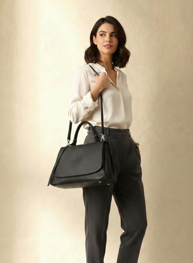 حقيبة كتف من الجلد الطبيعي Effetty مع حزام قابل للتعديل ومقبض علوي