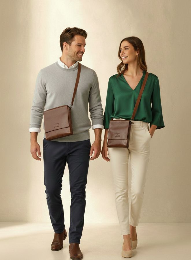 Man and woman standing side by side, both holding brown leather bags, against a plain background.