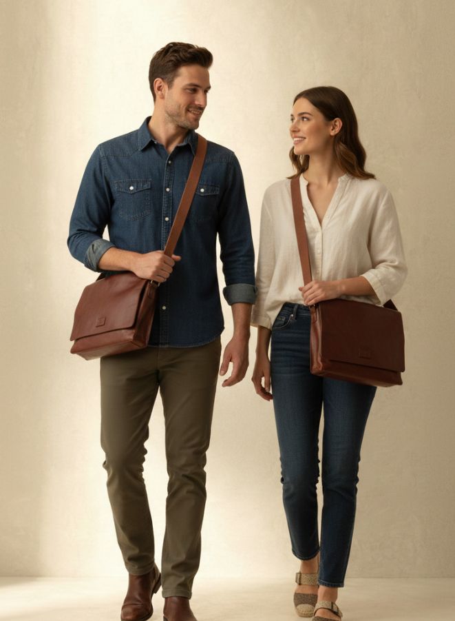 Man and woman walking together holding brown leather bags against a neutral background
