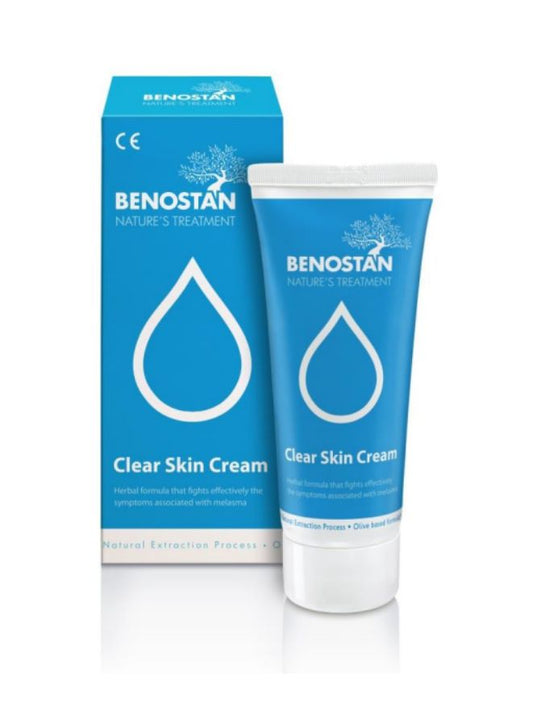 Benostan Clear Skin Cream packaging with blue box and tube on a white background