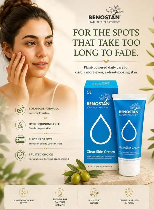 Benostán Clear Skin Cream tube and box displayed on a beige background with a woman touching her face, olive branches, and text highlighting botanical formula, hydroquinone-free treatment, and Made in Greece.