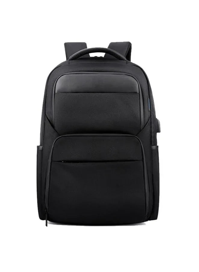 Black Laptop Backpack - 15.6" Water-Resistant Polyester Business Bag with USB Charging Port