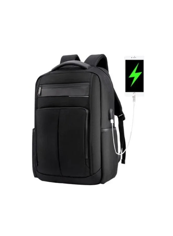 Black Laptop Backpack - 15.6" Water-Resistant Polyester Business Bag with USB Charging Port