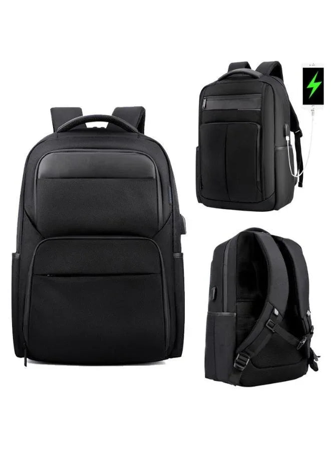 Black Laptop Backpack - 15.6" Water-Resistant Polyester Business Bag with USB Charging Port