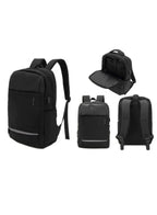 Black backpack shown from multiple angles on a white background