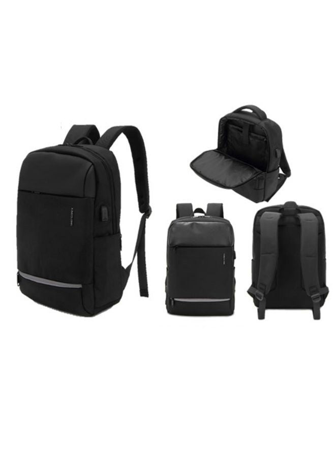 Black backpack shown from multiple angles on a white background