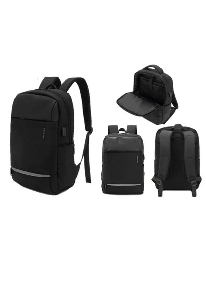 Black backpack shown from multiple angles on a white background