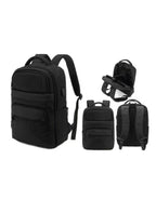 black backpacks from various angles on a white background