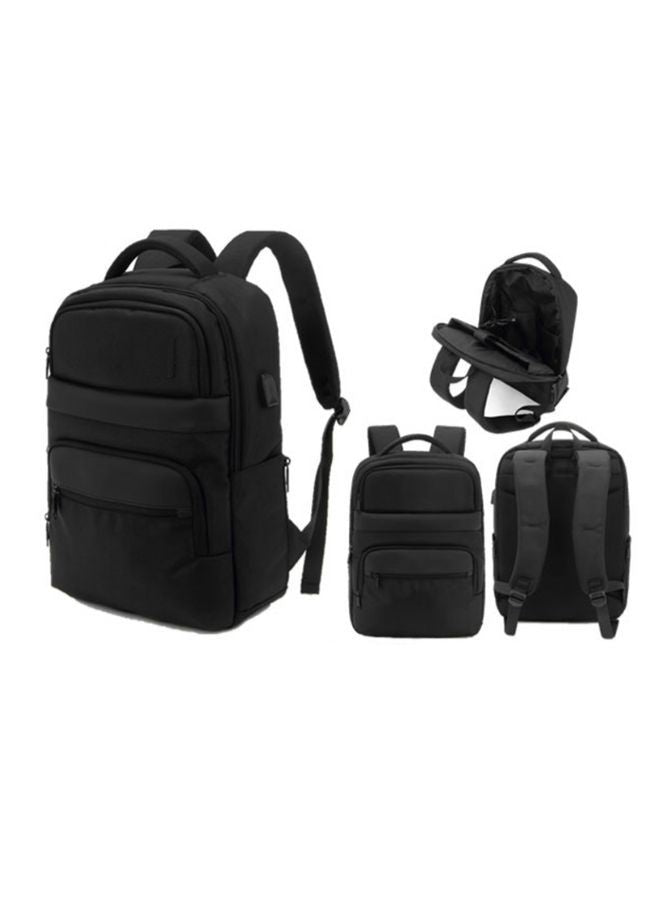 black backpacks from various angles on a white background