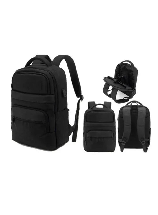 black backpacks from various angles on a white background