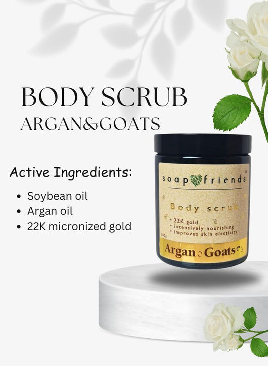 Soap&Friends Argan & Goats Body Scrub with Argan Oil, Shea Butter & 22K Gold – Salt & Sugar Exfoliator for Smooth & Radiant Skin, 200g