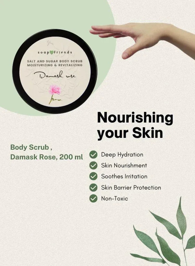 Luxury Damask Rose Bath & Body Care Set – Natural Rose Body & Bath Oil, Hand Cream with 20% Organic Shea Butter & Rose Salt-Sugar Scrub – Deeply Nourishing & Relaxing Skincare Trio