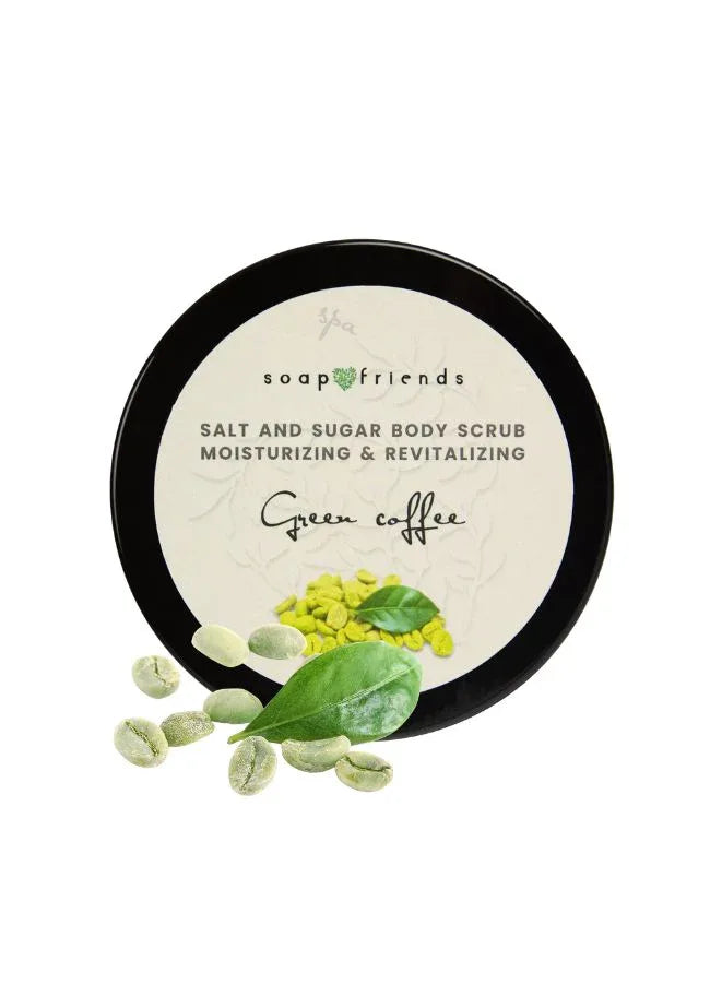 A jar of Soap&Friends Salt and Sugar Body Scrub, with green coffee beans decoration on the label, indicating a moisturizing and revitalizing scrub.