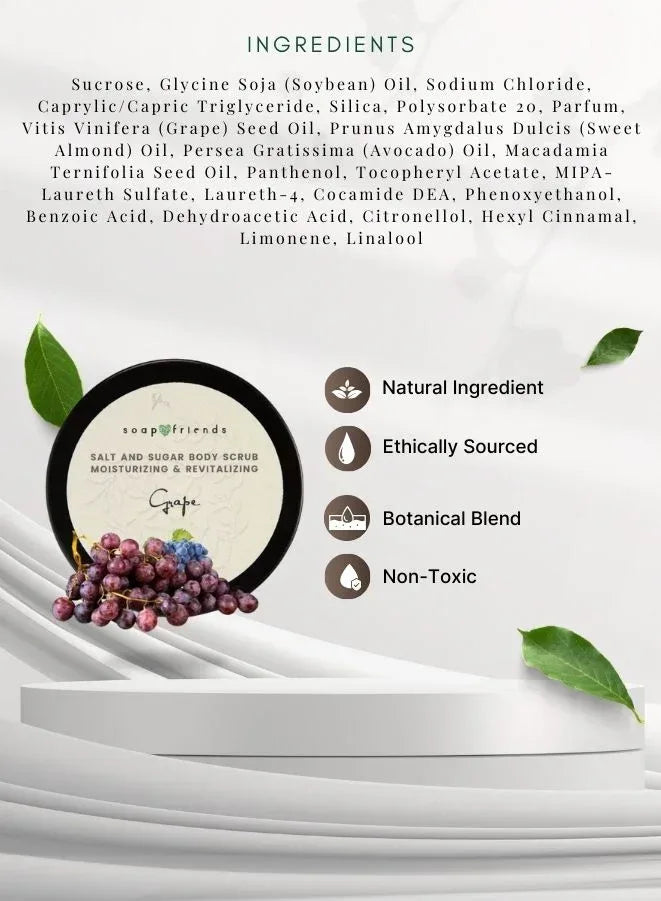 Soap&Friends Natural Grape Skincare Set with Hand Cream Body Scrub and Massage Oil for Nourished Skin