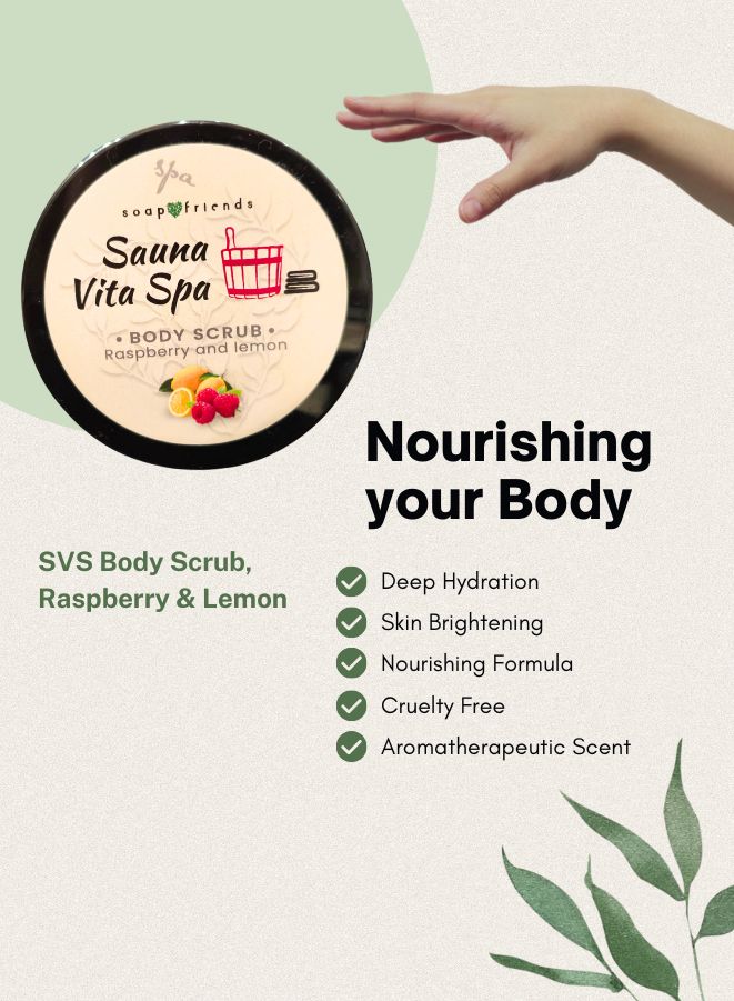 Soap & Friends Sauna Vita Spa body scrub with hand reaching towards it on a light green background