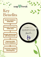 Soap and Friends salt and sugar body scrub with key benefits listed on a light green background