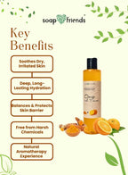 Soap & Friends shower gel with key benefits listed on a green leafy background